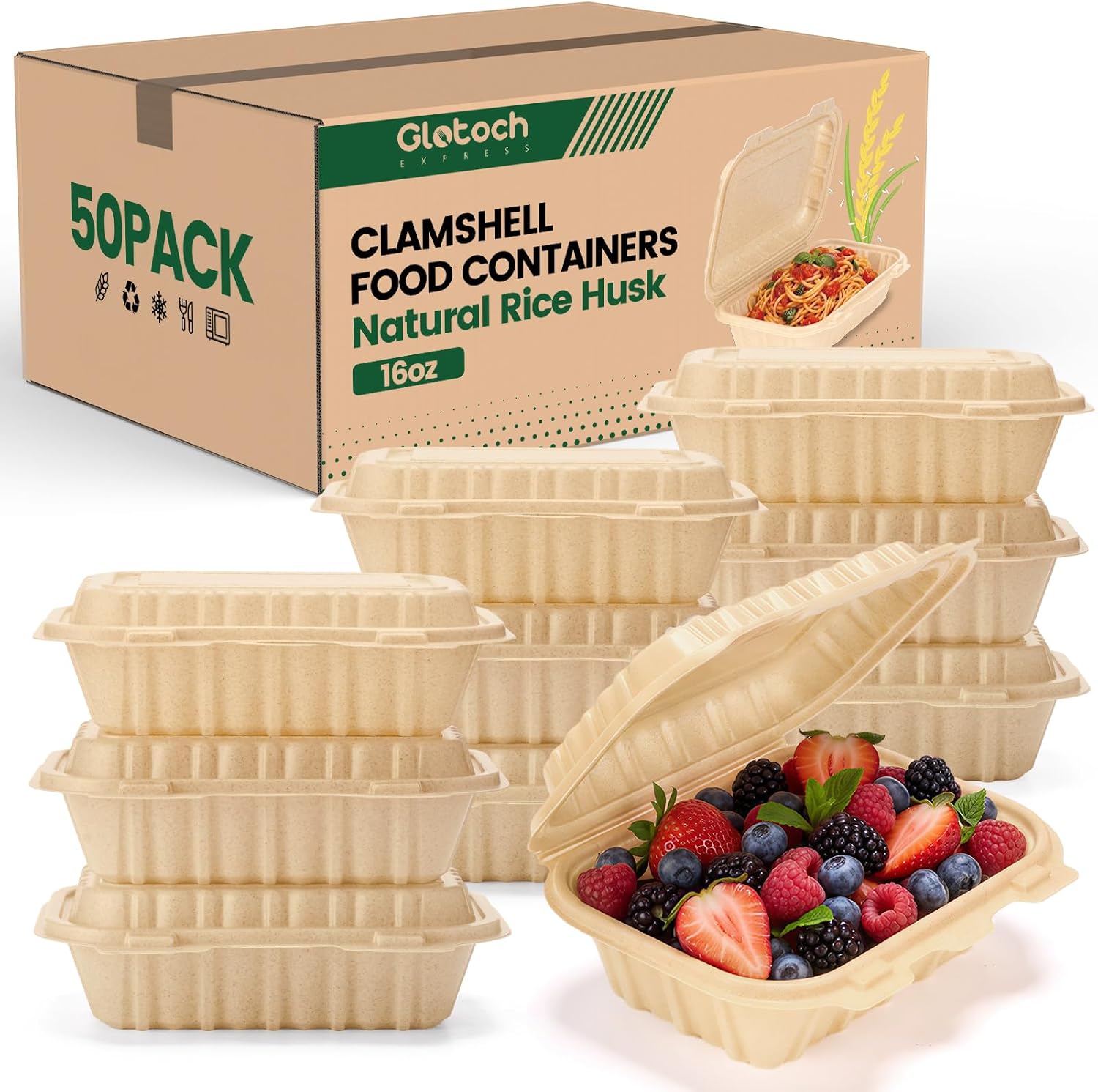 Meal Prep Microwave - 50er-Pack 16oz Clamshell Take-Away-Behälter, Natürliche Reishülsen-Einwegboxen