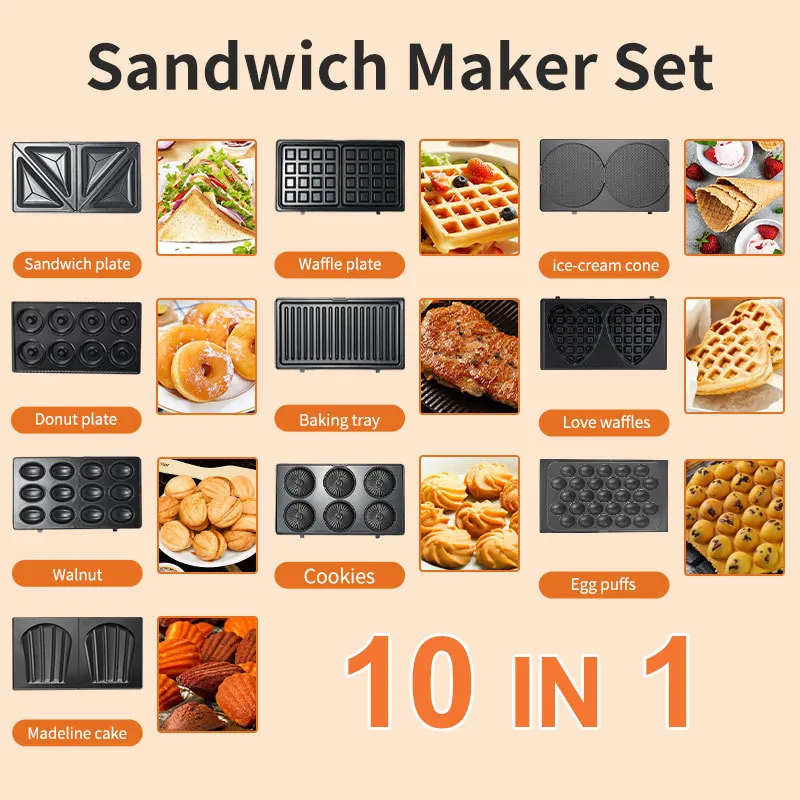Breakfast Sandwich Press - 220/110V Haushaltsgeräte 10-in-1 Sandwichmaker Mini Frühstückszubereiter