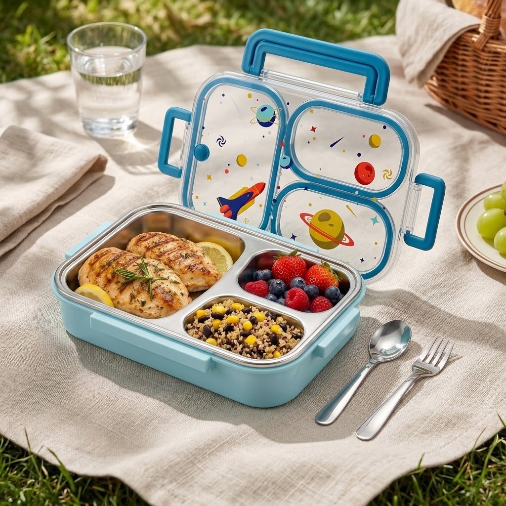 Meal Prep Microwave - 900ML Niedliche 304 Edelstahl Bento-Lunchbox mit